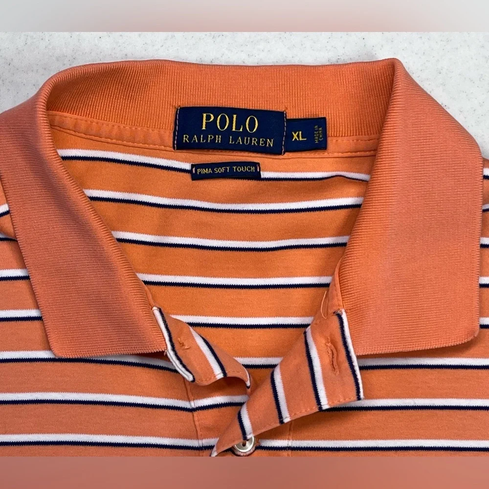 Polo Ralph Lauren Men’s Pima Soft Touch Orange w/ White & Blue Stripes Polo. XL.
